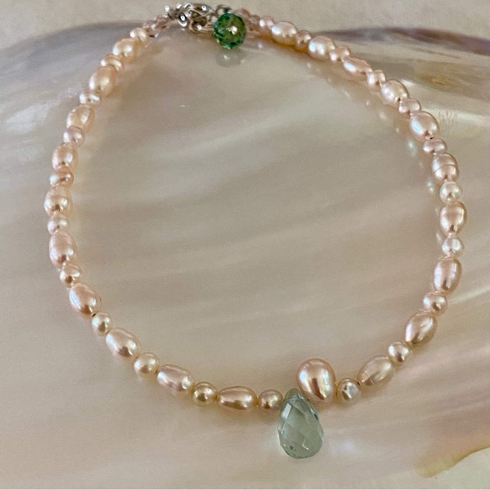 New Handmade Blush Freshwater Pearls Aquamarine Sterling Silver Anklet Bracelet